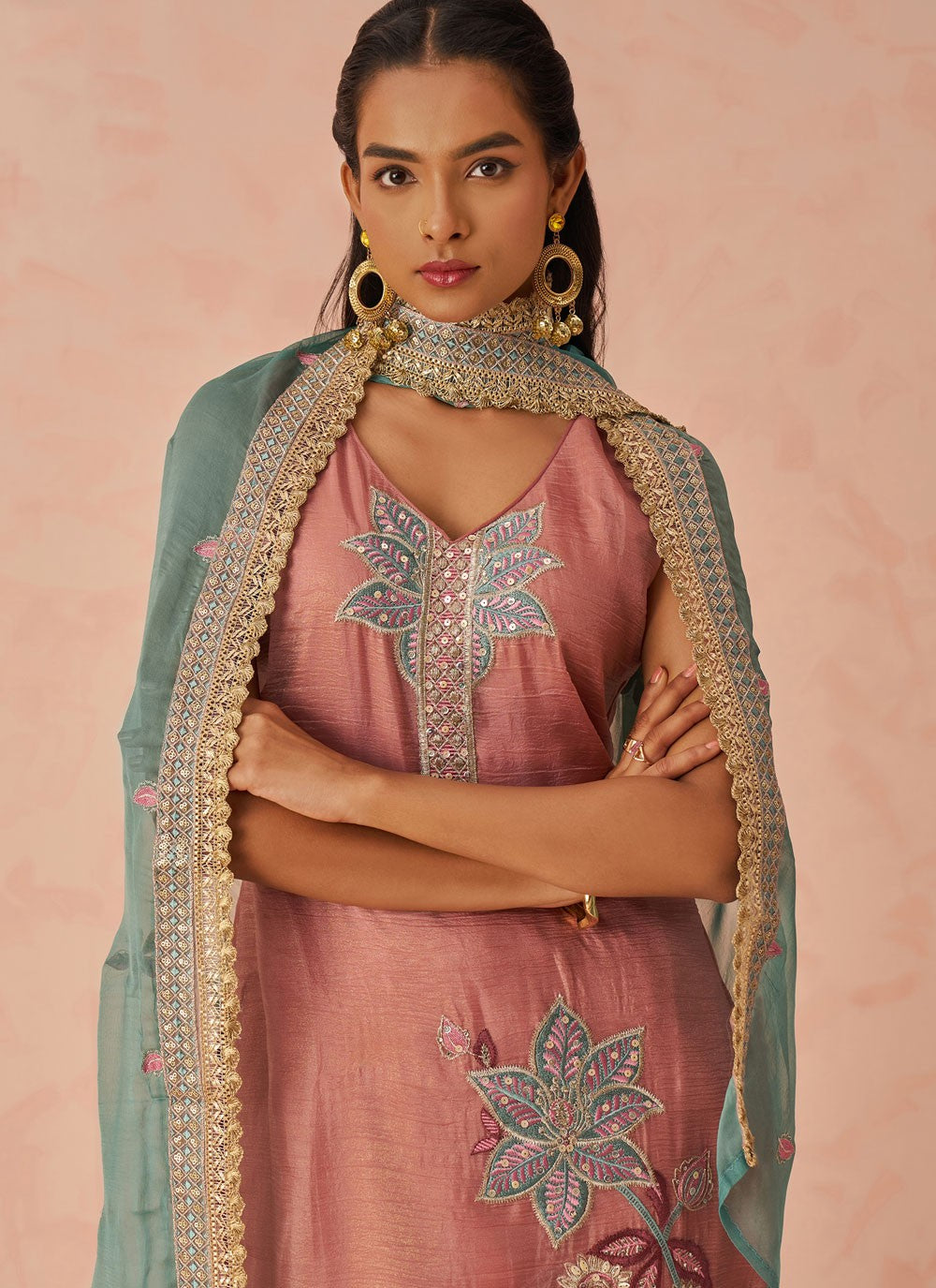 Pant Style Suit Embroidered, Sequins Pink T7241