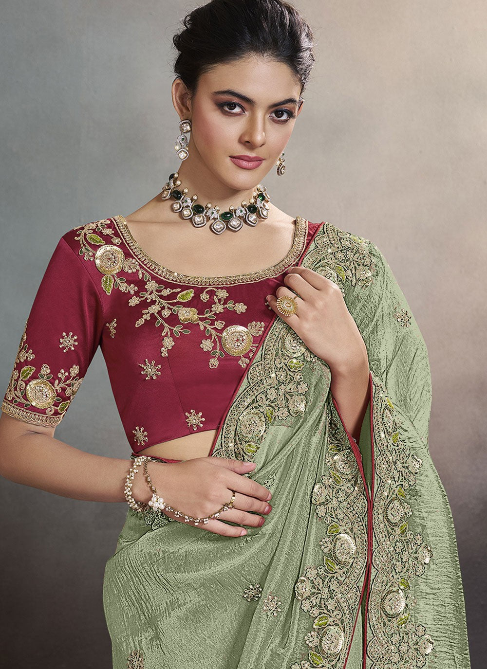 Hand Embroidery Crush Green Traditional Saree S15239