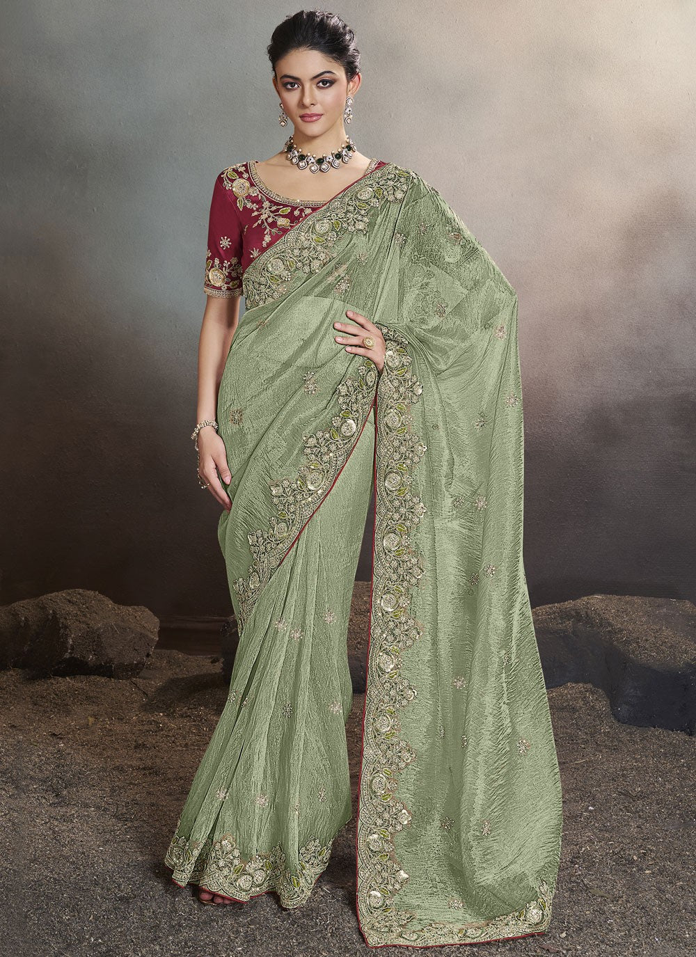 Hand Embroidery Crush Green Traditional Saree S15239