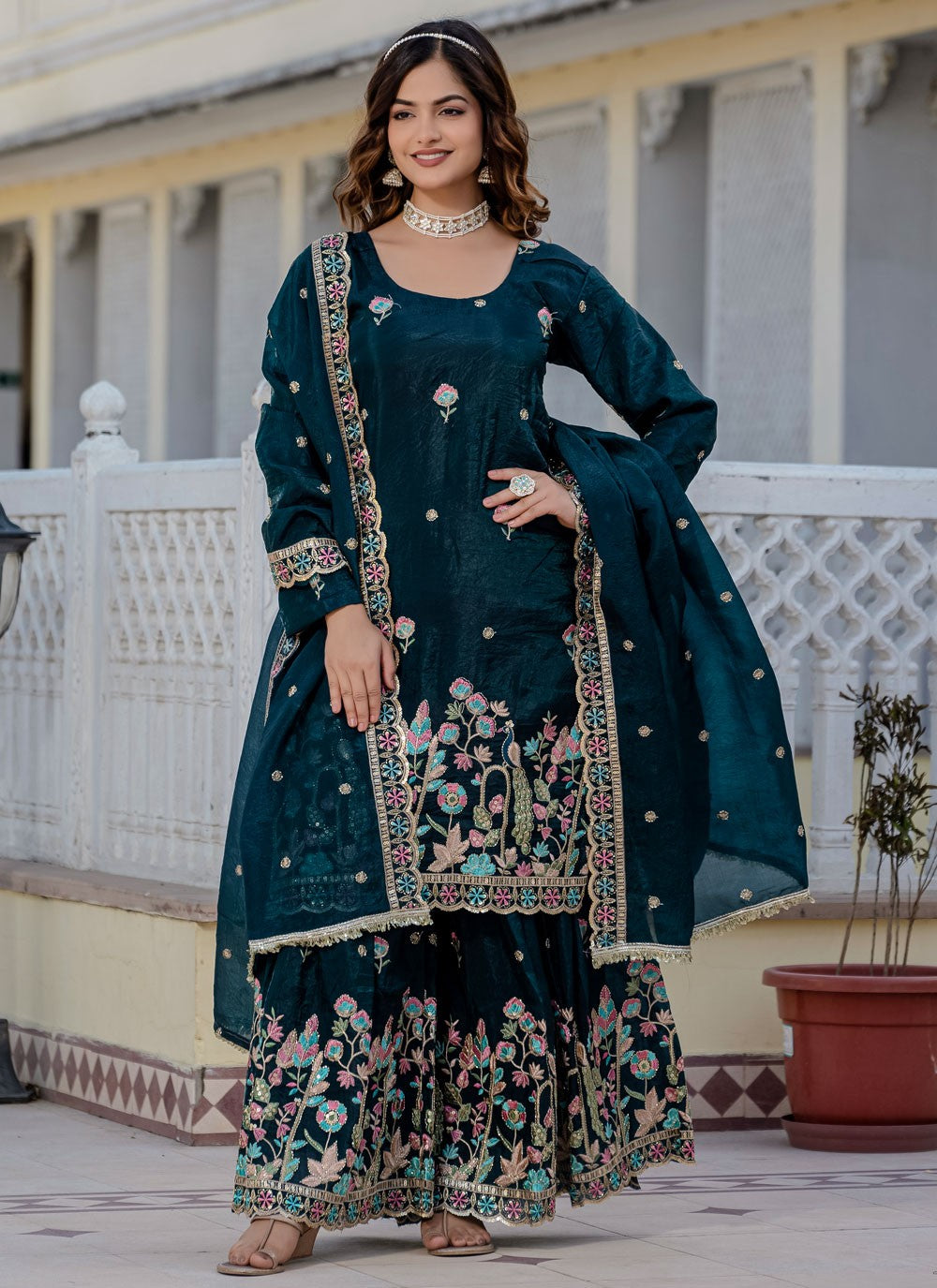 Sharara Suit Embroidered, Sequins Green T7699