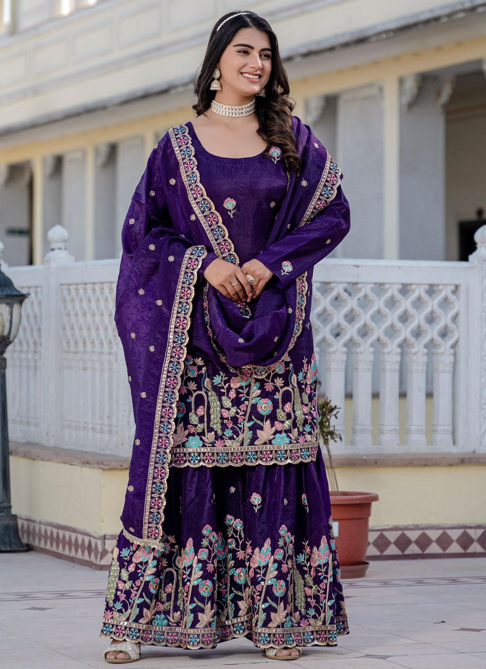 Sharara Suit Embroidered, Sequins Violet T7698