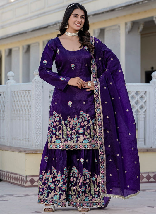 Sharara Suit Embroidered, Sequins Violet T7698