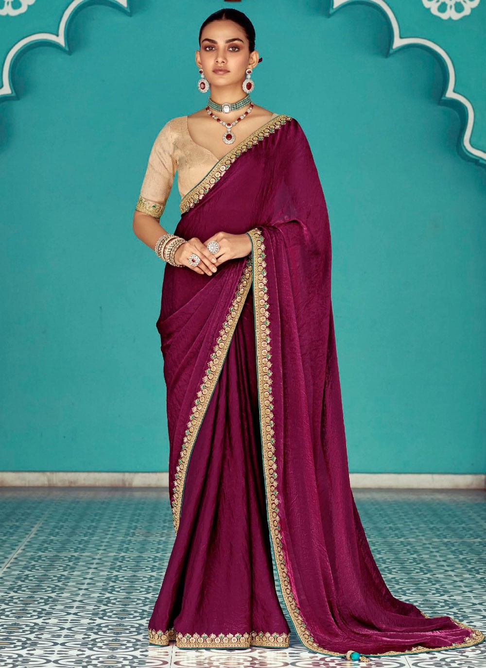 Contemporary Embroidered Wine Crush Saree S13277
