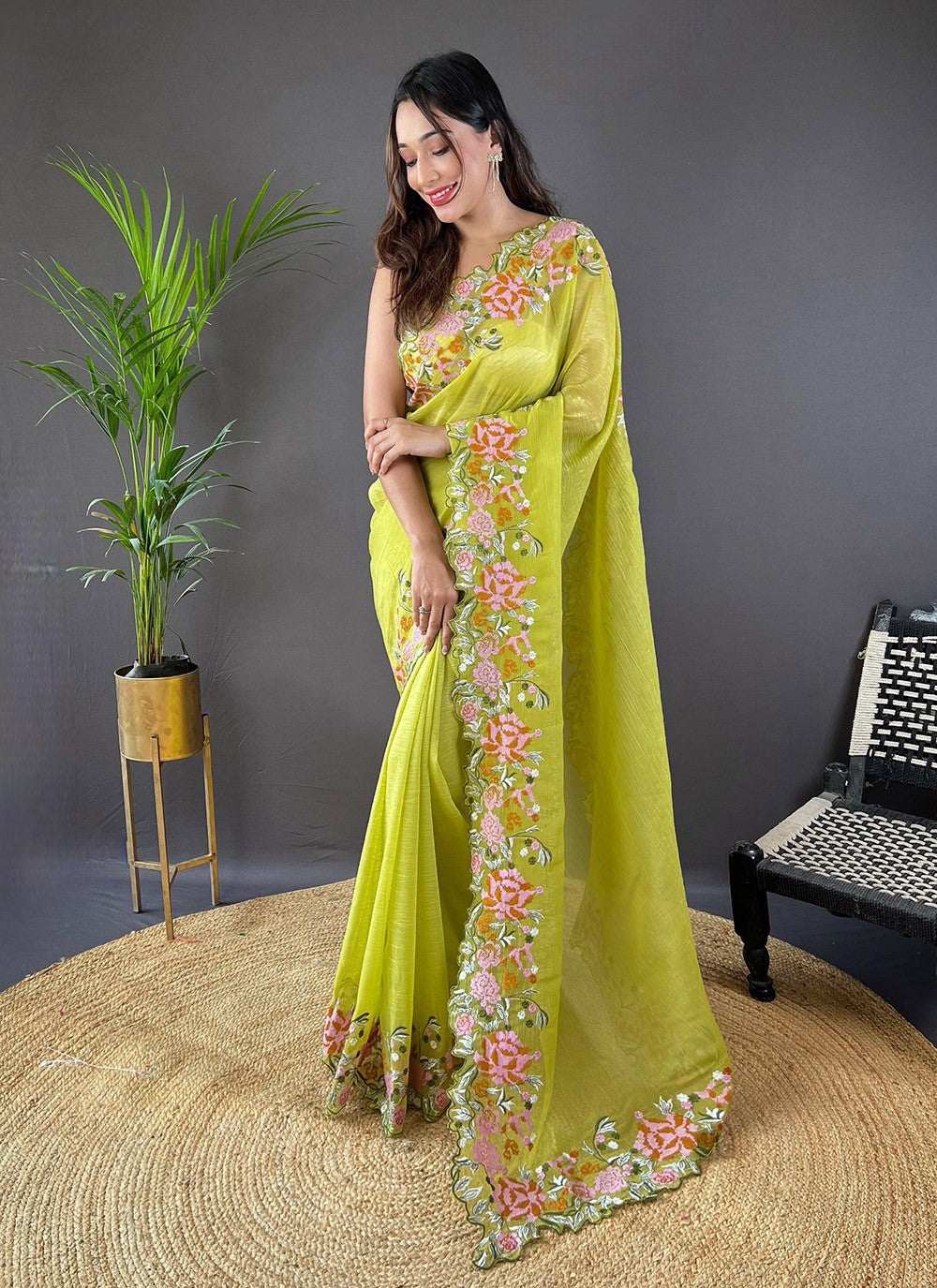Cut Work, Embroidered Silk Saree - S11759