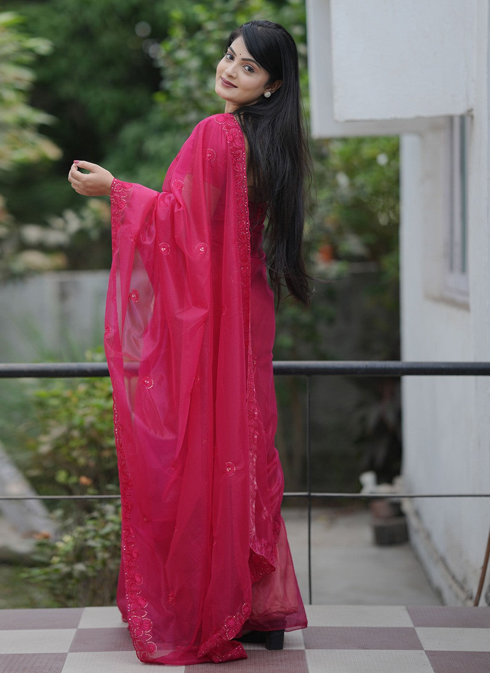 Hot Pink Net Contemporary Saree Cut Work, Embroidered, Sequins, Thread S19147
