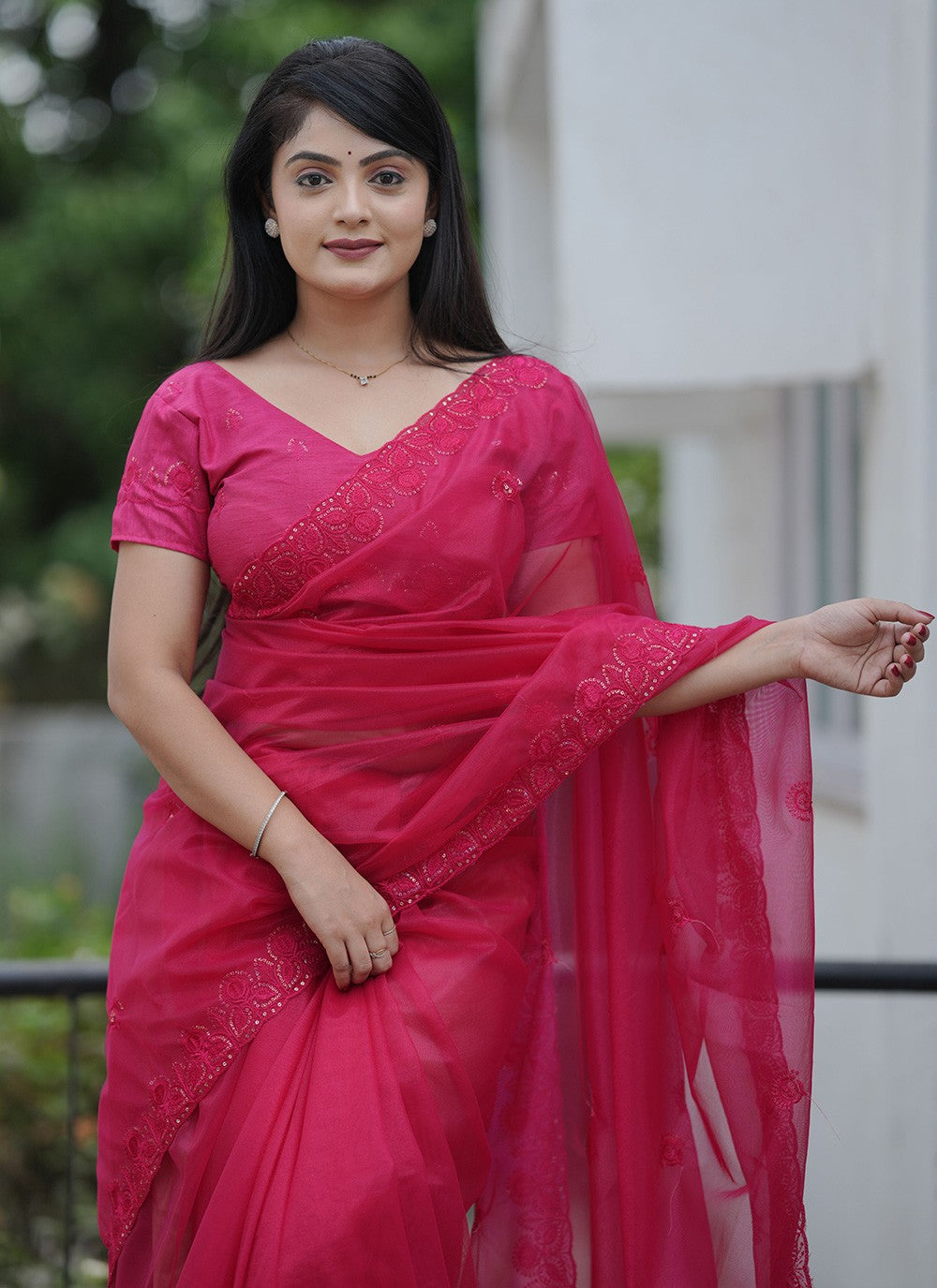 Hot Pink Net Contemporary Saree Cut Work, Embroidered, Sequins, Thread S19147