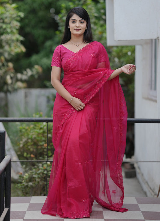 Hot Pink Net Contemporary Saree Cut Work, Embroidered, Sequins, Thread S19147