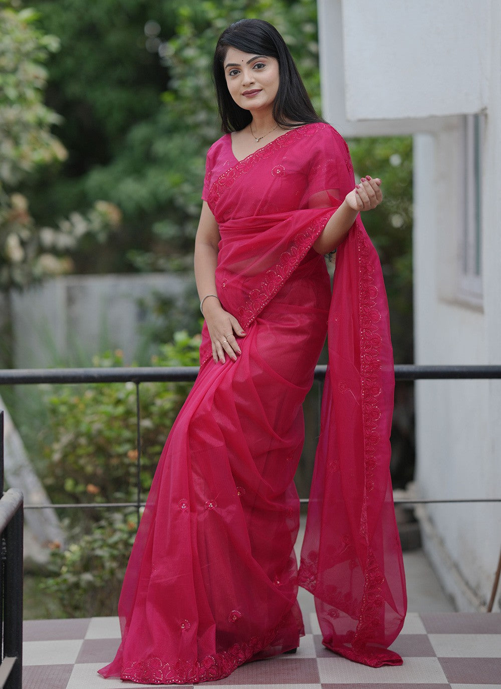 Hot Pink Net Contemporary Saree Cut Work, Embroidered, Sequins, Thread S19147