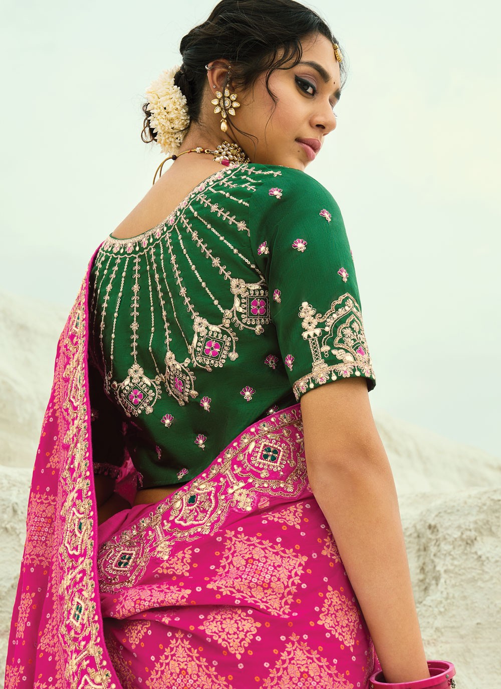 Hot Pink Pure Georgette Bandhej Saree Cutdana, Embroidered, Fancy Work, Moti, Zari S19130