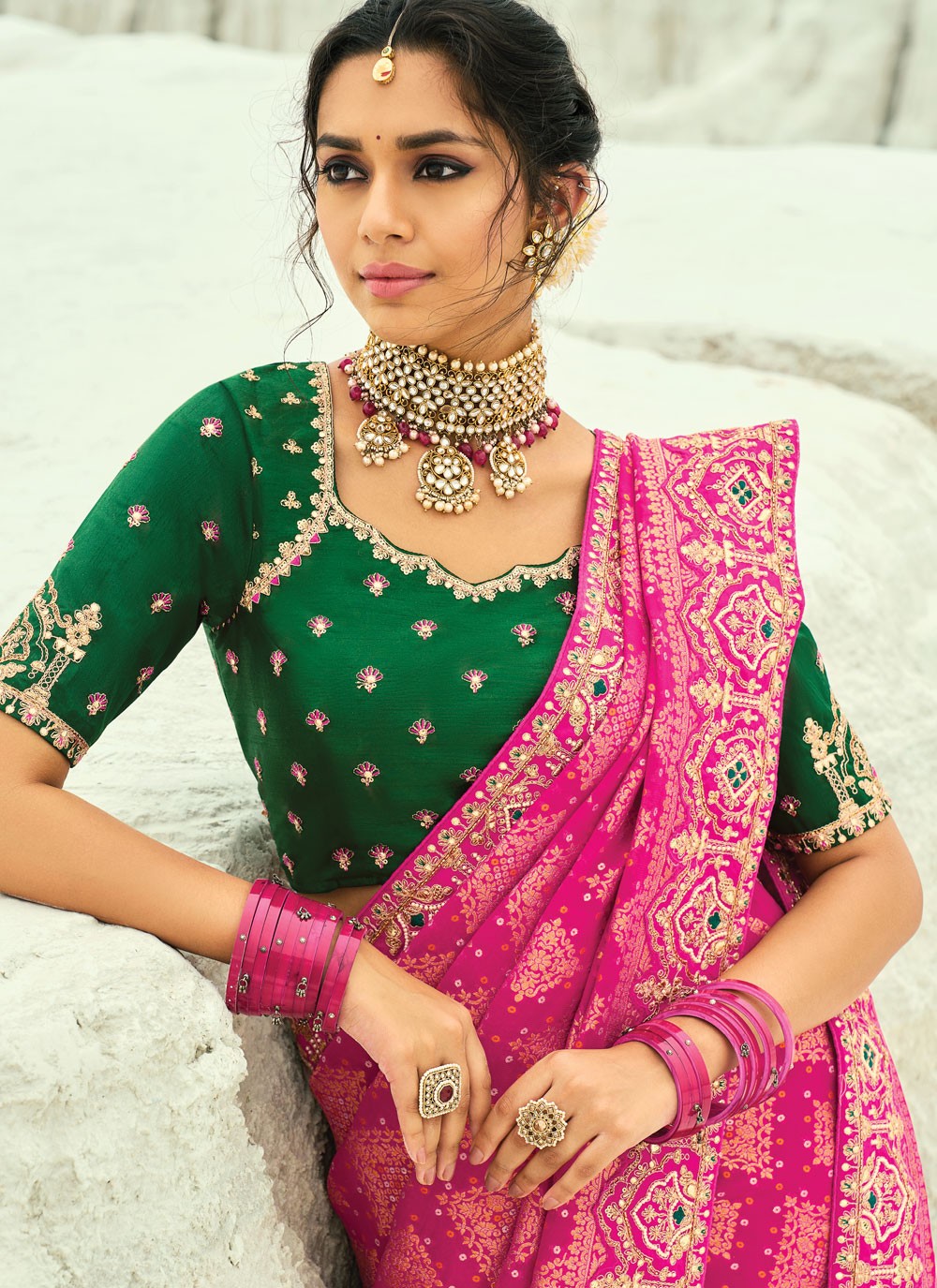 Hot Pink Pure Georgette Bandhej Saree Cutdana, Embroidered, Fancy Work, Moti, Zari S19130