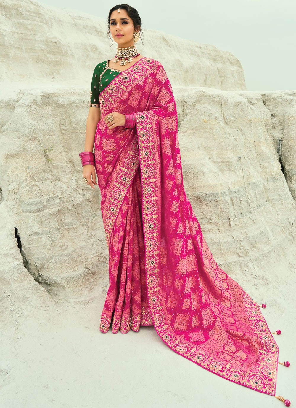 Hot Pink Pure Georgette Bandhej Saree Cutdana, Embroidered, Fancy Work, Moti, Zari S19130