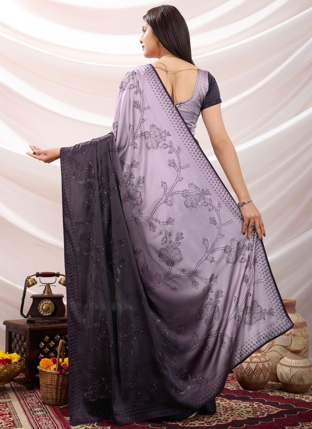 Designer Cutdana Lavender Satin Saree S13670