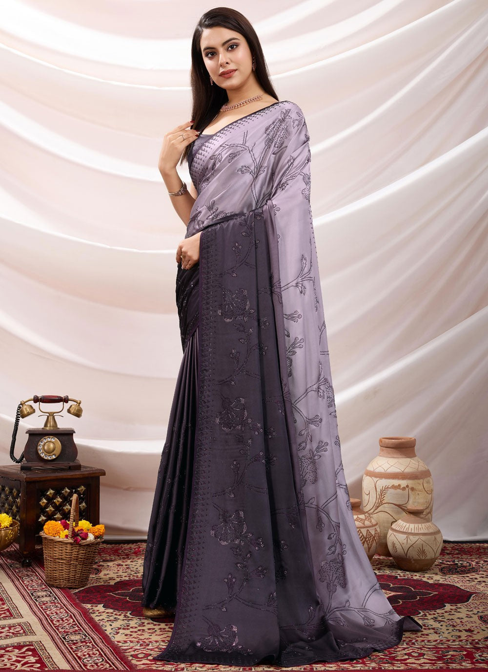 Designer Cutdana Lavender Satin Saree S13670