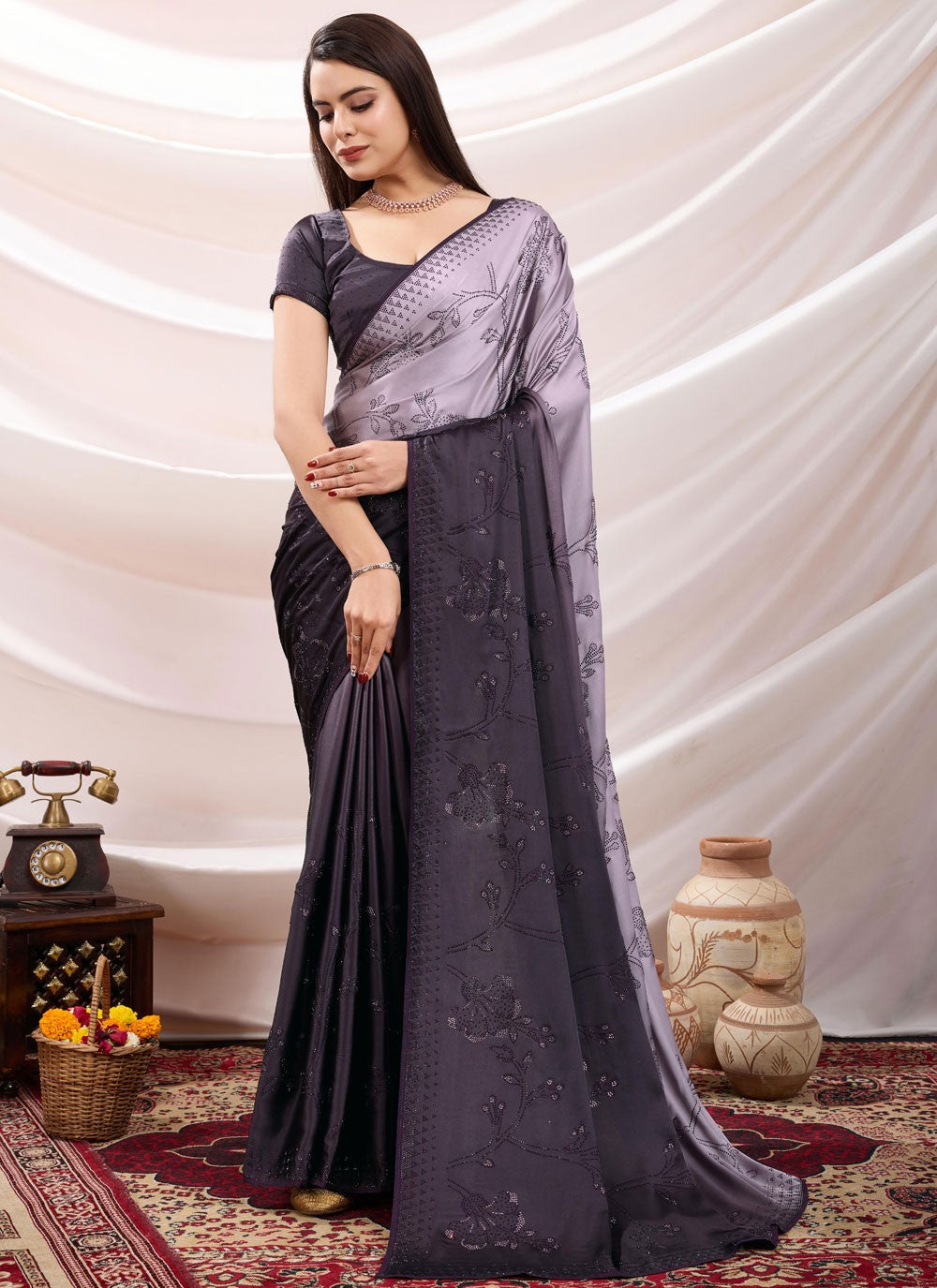 Designer Cutdana Lavender Satin Saree S13670