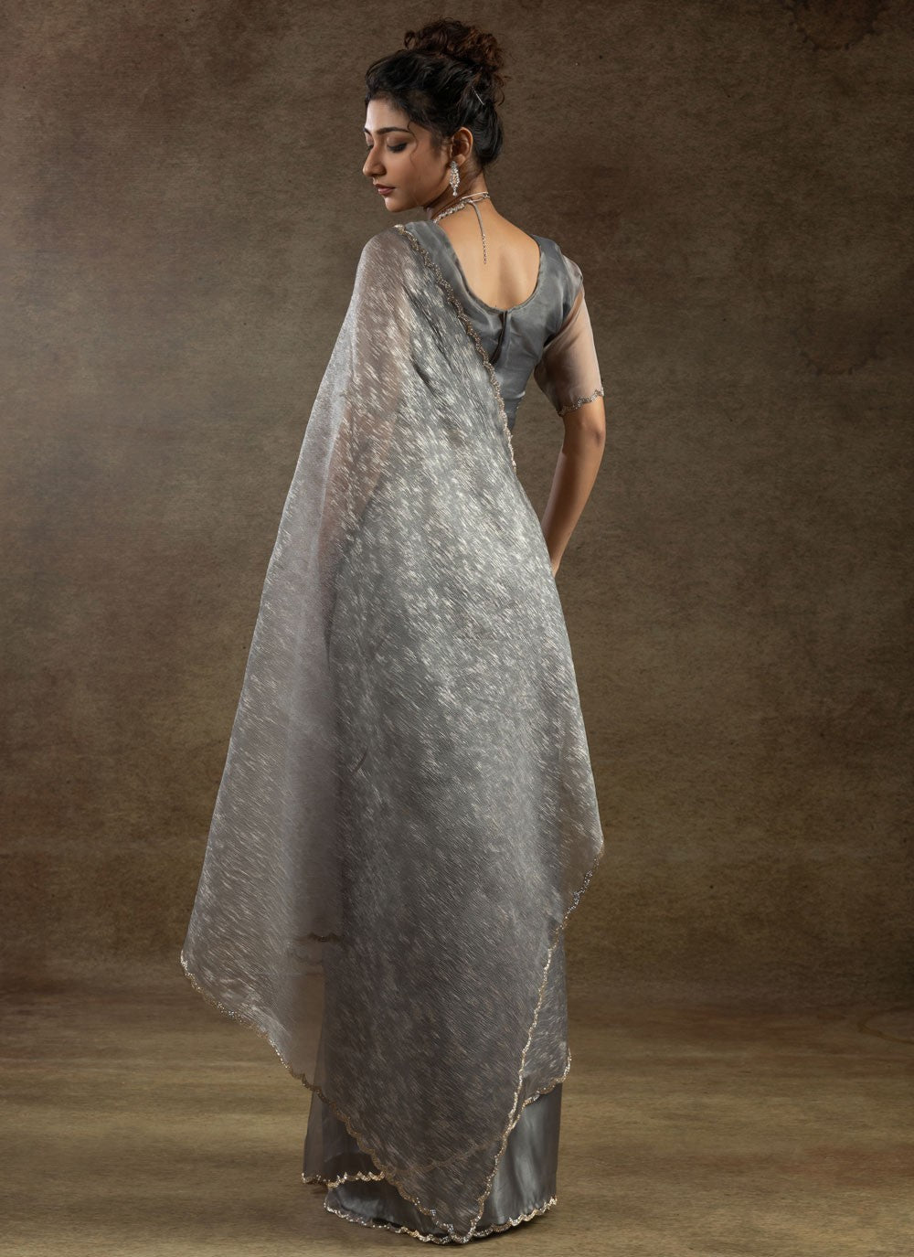 Cut Work Crush Silver Classic Saree S15578