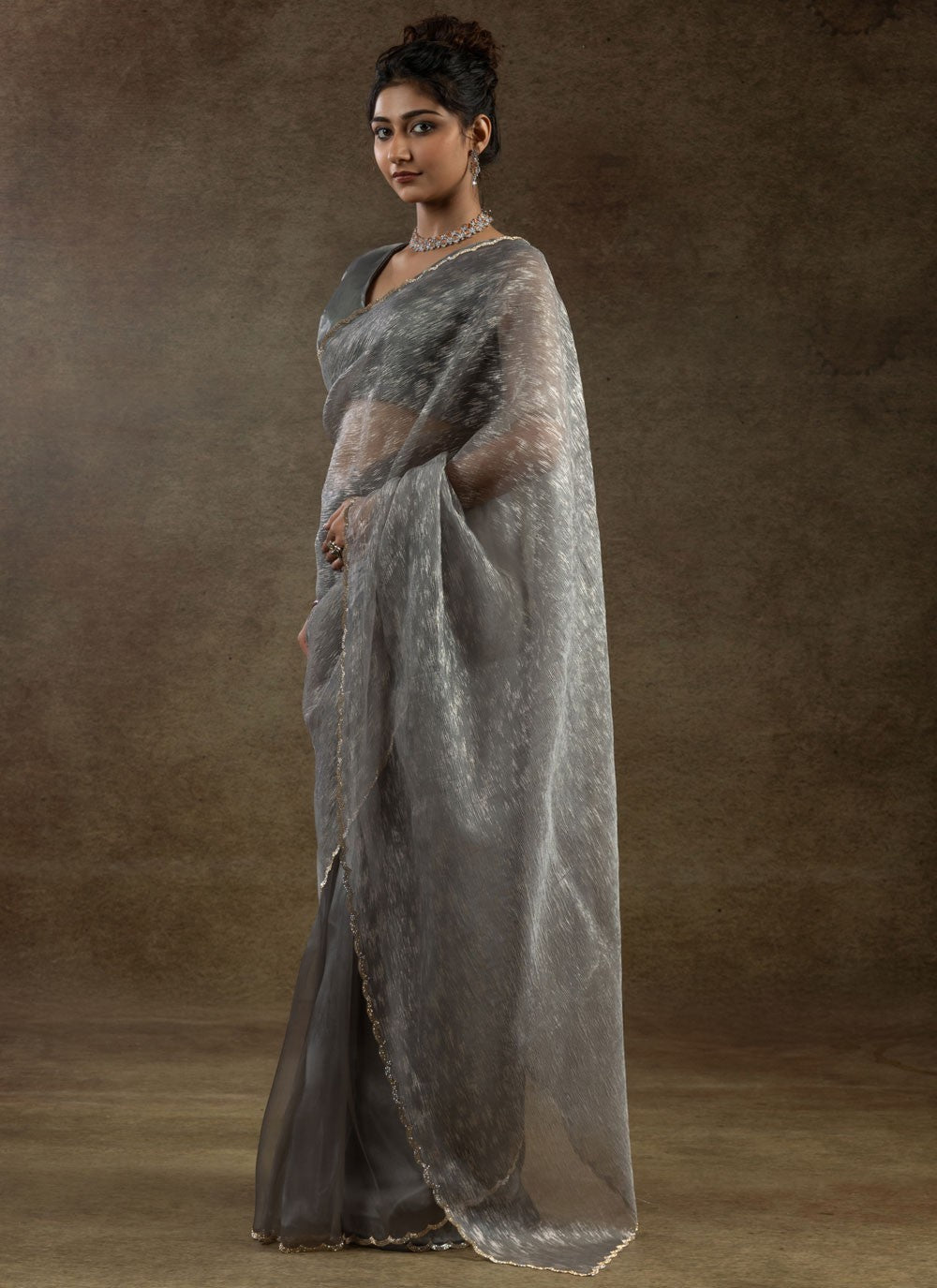 Cut Work Crush Silver Classic Saree S15578
