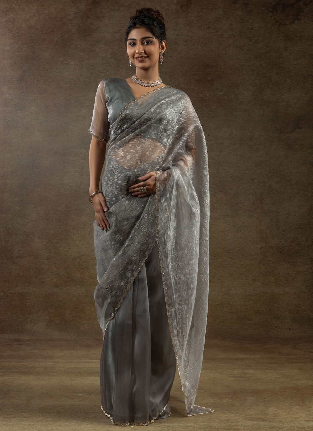 Cut Work Crush Silver Classic Saree S15578