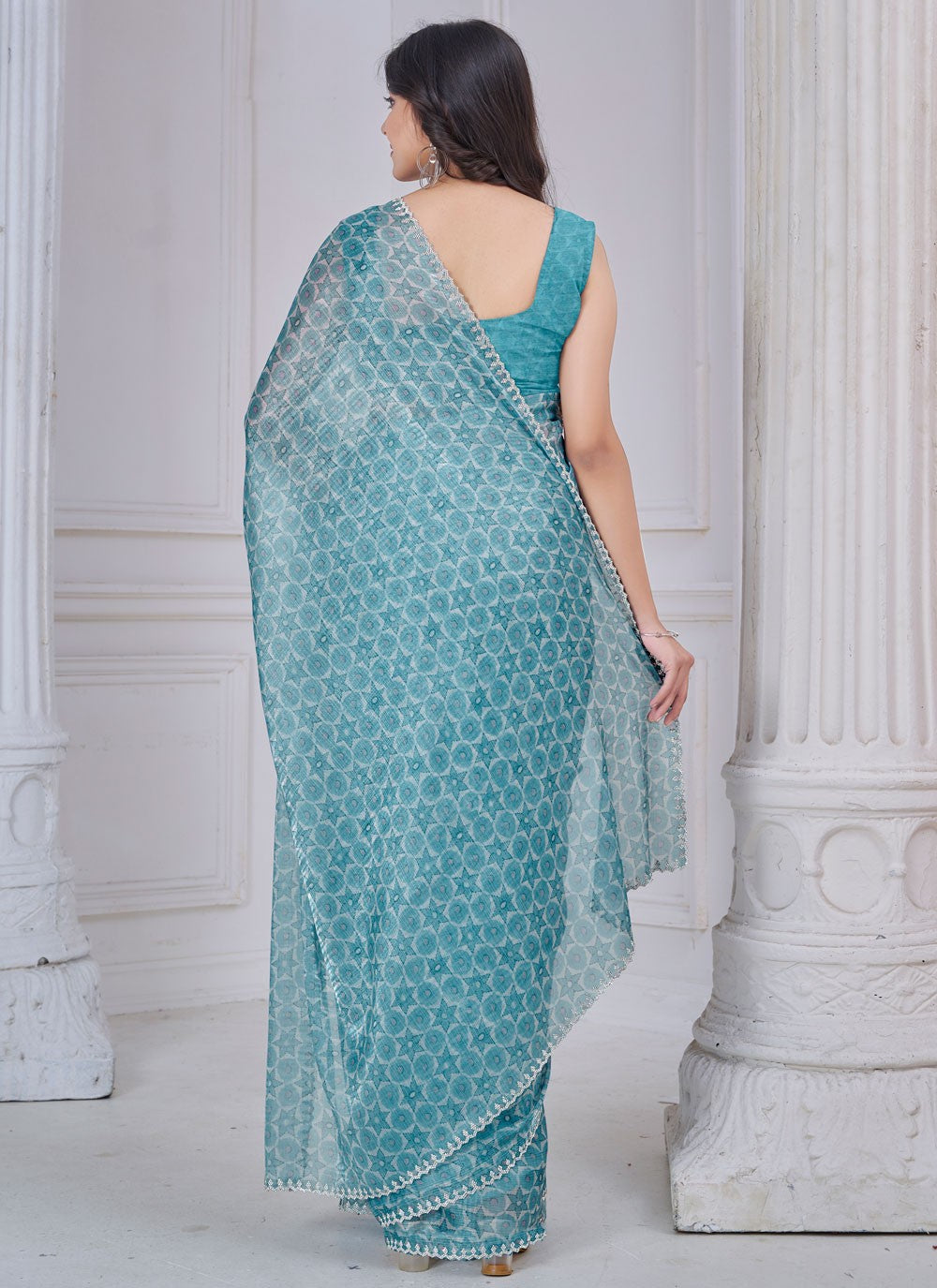 Cut Work Organza Blue Contemporary Saree S15147