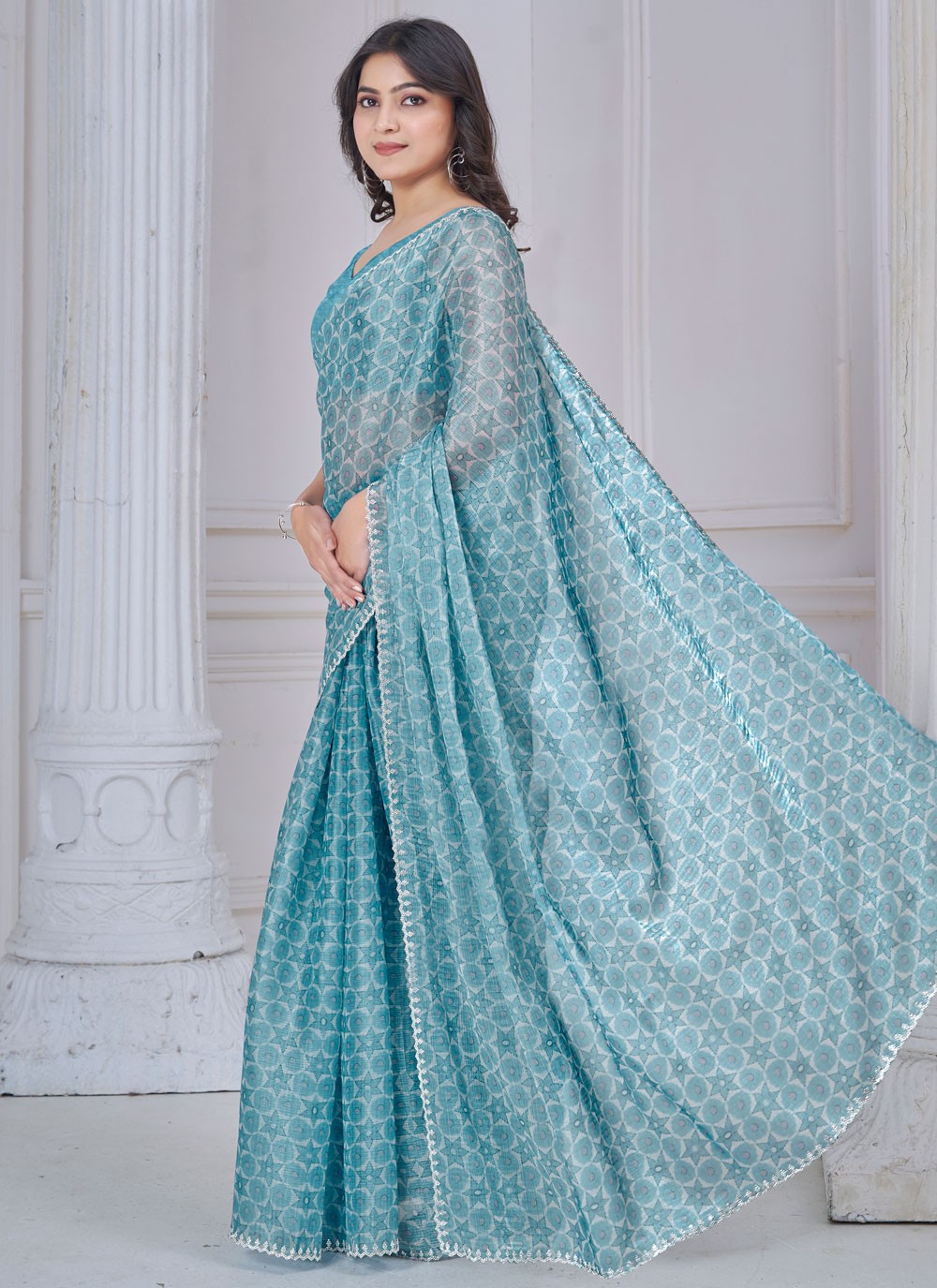 Cut Work Organza Blue Contemporary Saree S15147