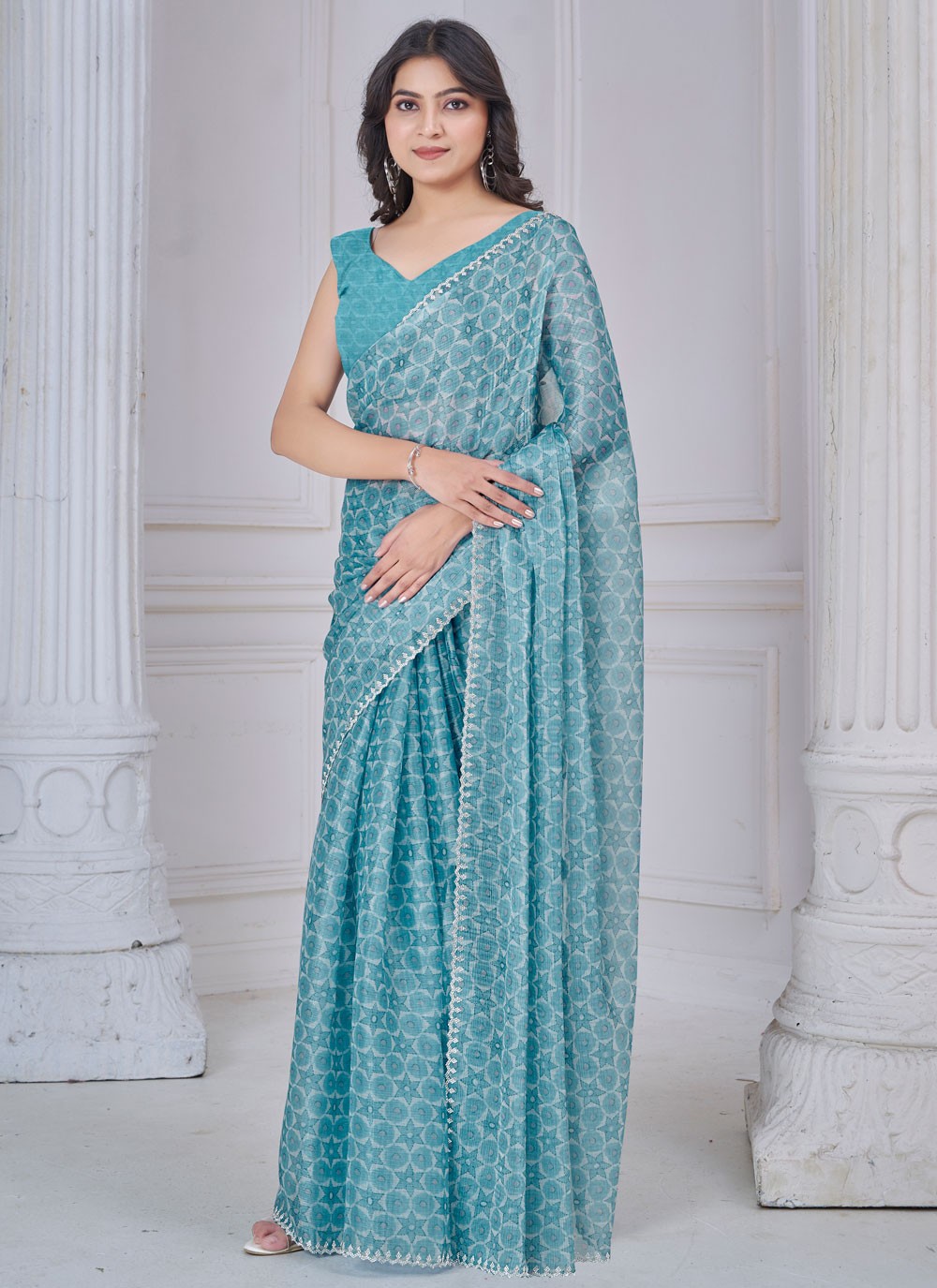 Cut Work Organza Blue Contemporary Saree S15147