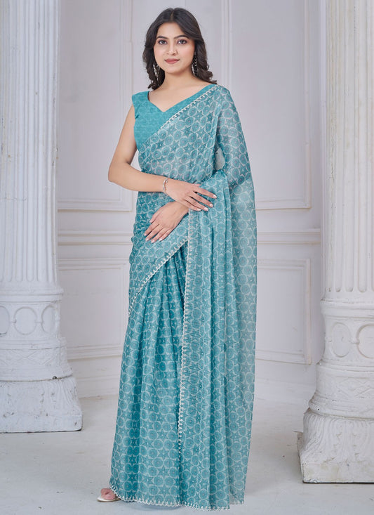 Cut Work Organza Blue Contemporary Saree S15147