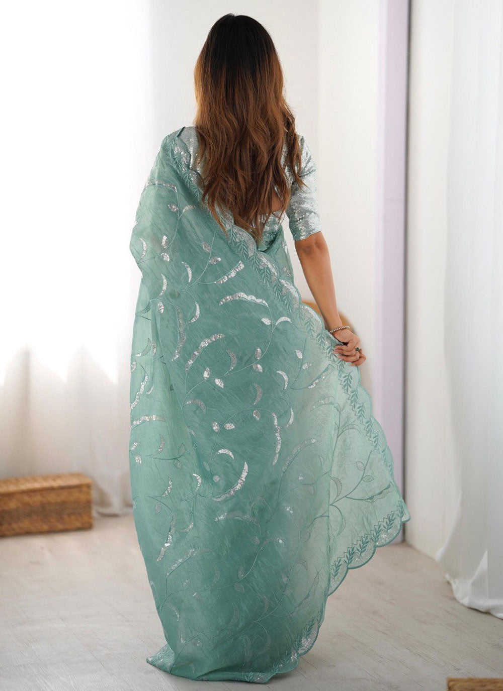 Aqua Blue Crush Contemporary Saree Cut Work, Embroidered, Sequins S16908