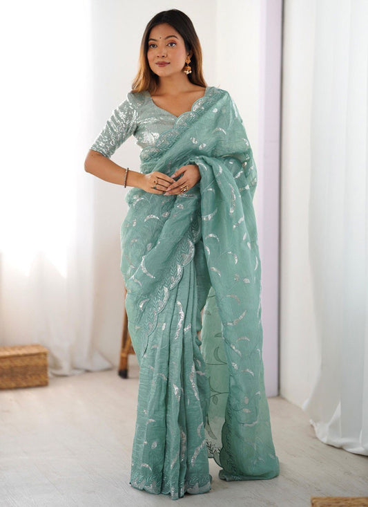 Aqua Blue Crush Contemporary Saree Cut Work, Embroidered, Sequins S16908