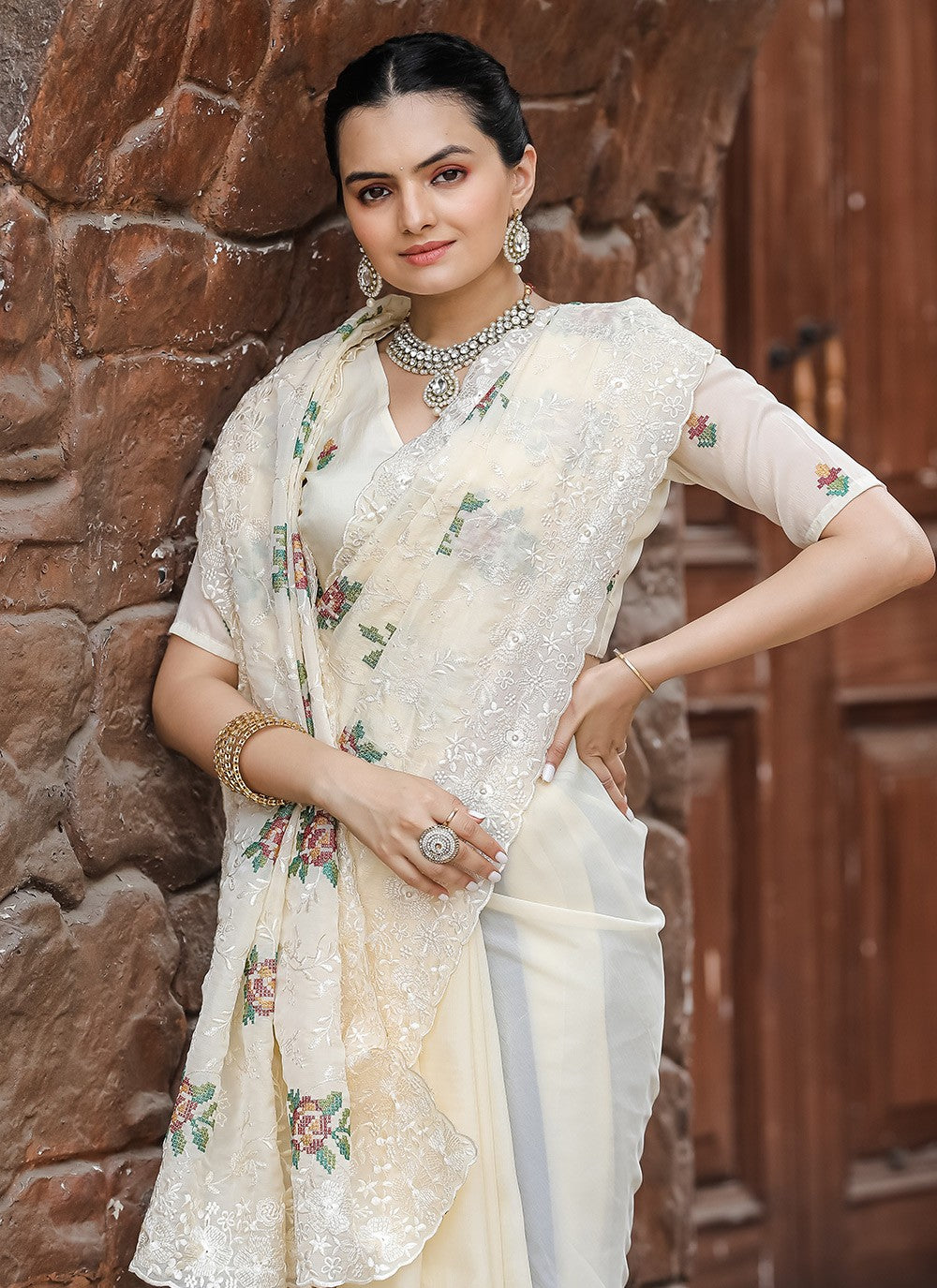 Traditional Cut Work Chiffon Saree - S6373