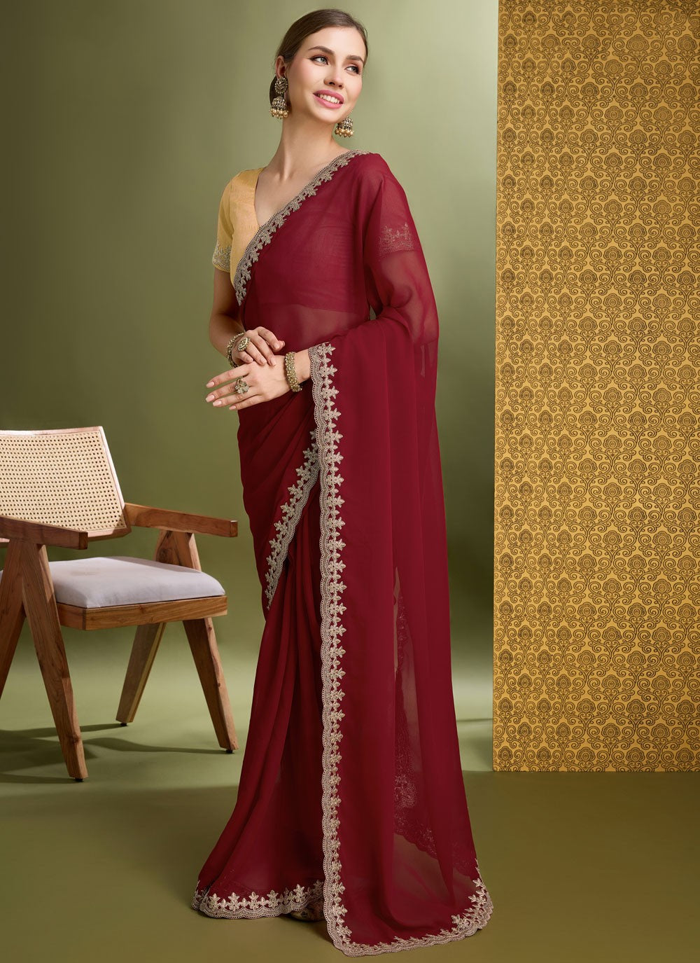 Classic Saree Border Work Maroon Faux Georgette Saree S12635