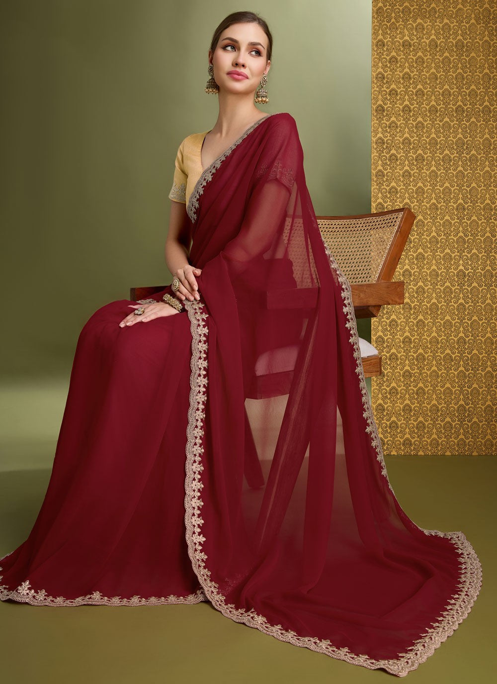 Classic Saree Border Work Maroon Faux Georgette Saree S12635