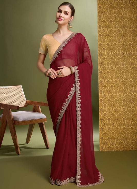 Classic Saree Border Work Maroon Faux Georgette Saree S12635