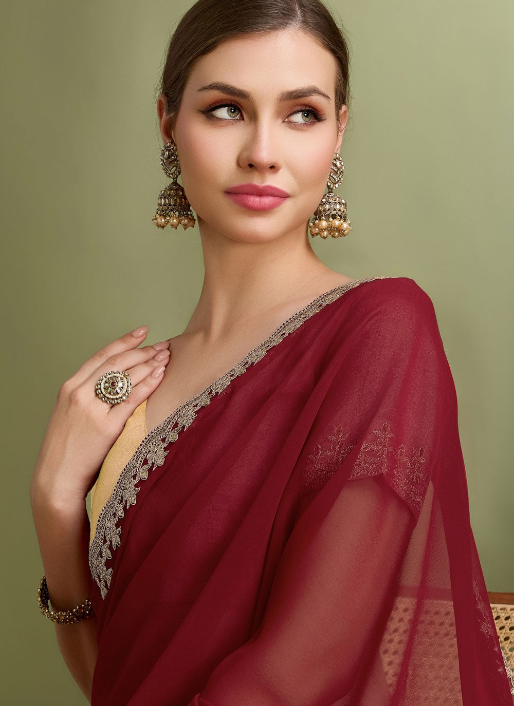 Classic Saree Border Work Maroon Faux Georgette Saree S12635
