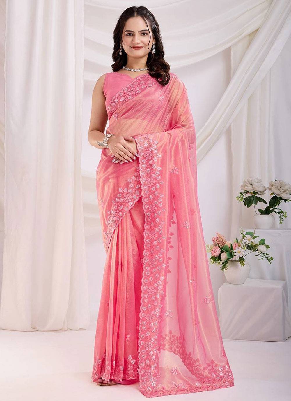 Cut Work Net Pink Saree S13790