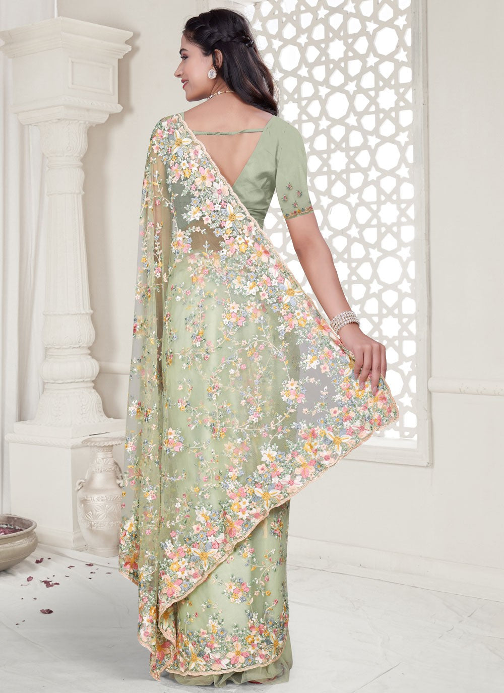 Green Net Designer Saree Cut Work, Embroidered, Resham, Stones, Zircon S17805