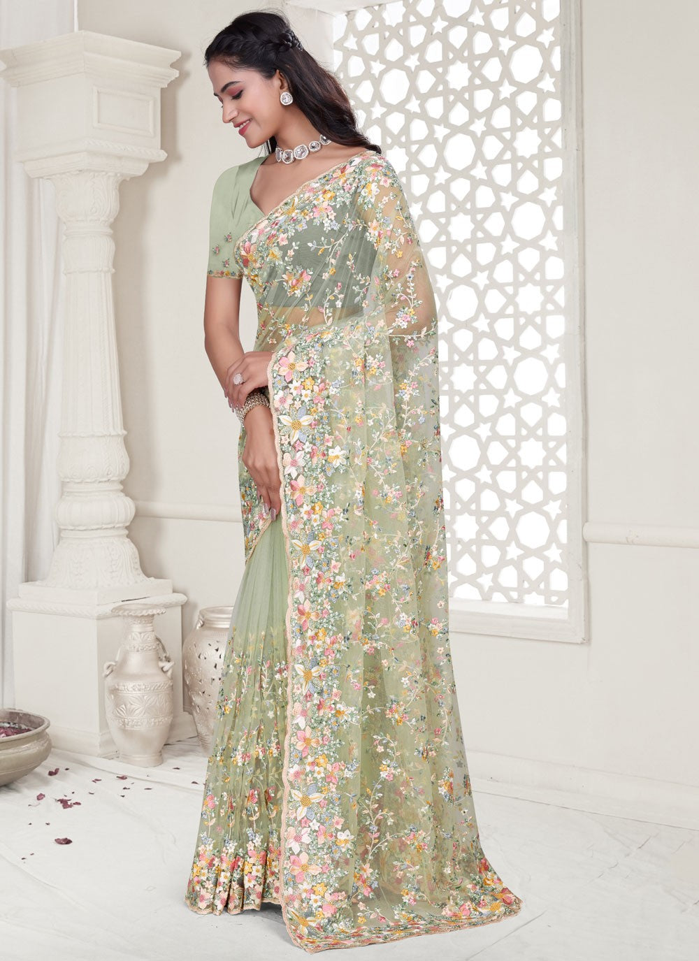 Green Net Designer Saree Cut Work, Embroidered, Resham, Stones, Zircon S17805