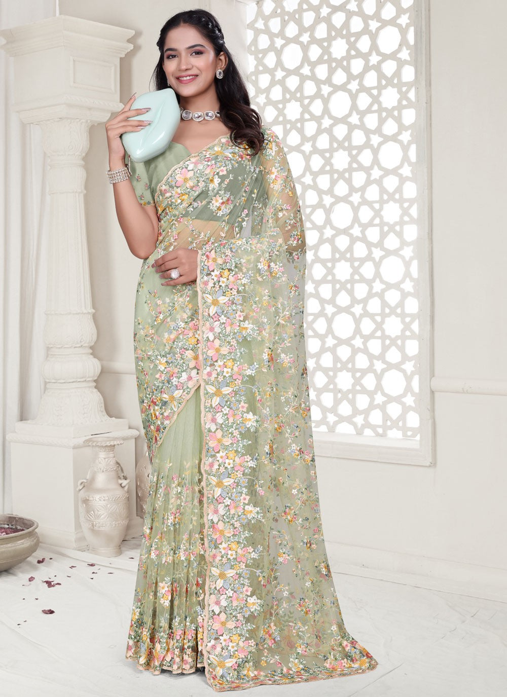 Green Net Designer Saree Cut Work, Embroidered, Resham, Stones, Zircon S17805