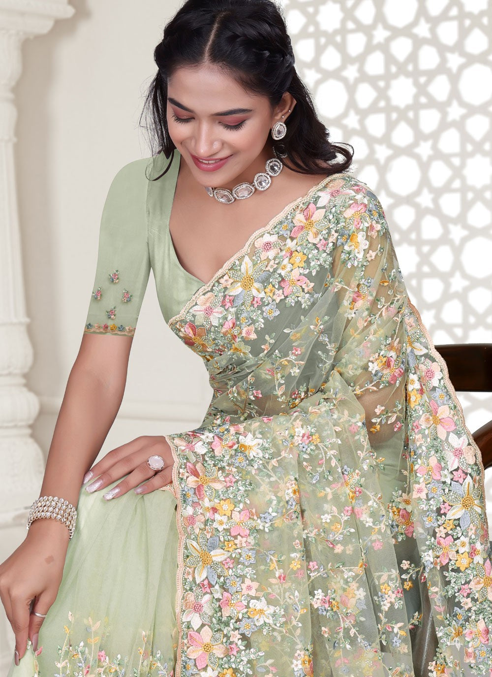 Green Net Designer Saree Cut Work, Embroidered, Resham, Stones, Zircon S17805