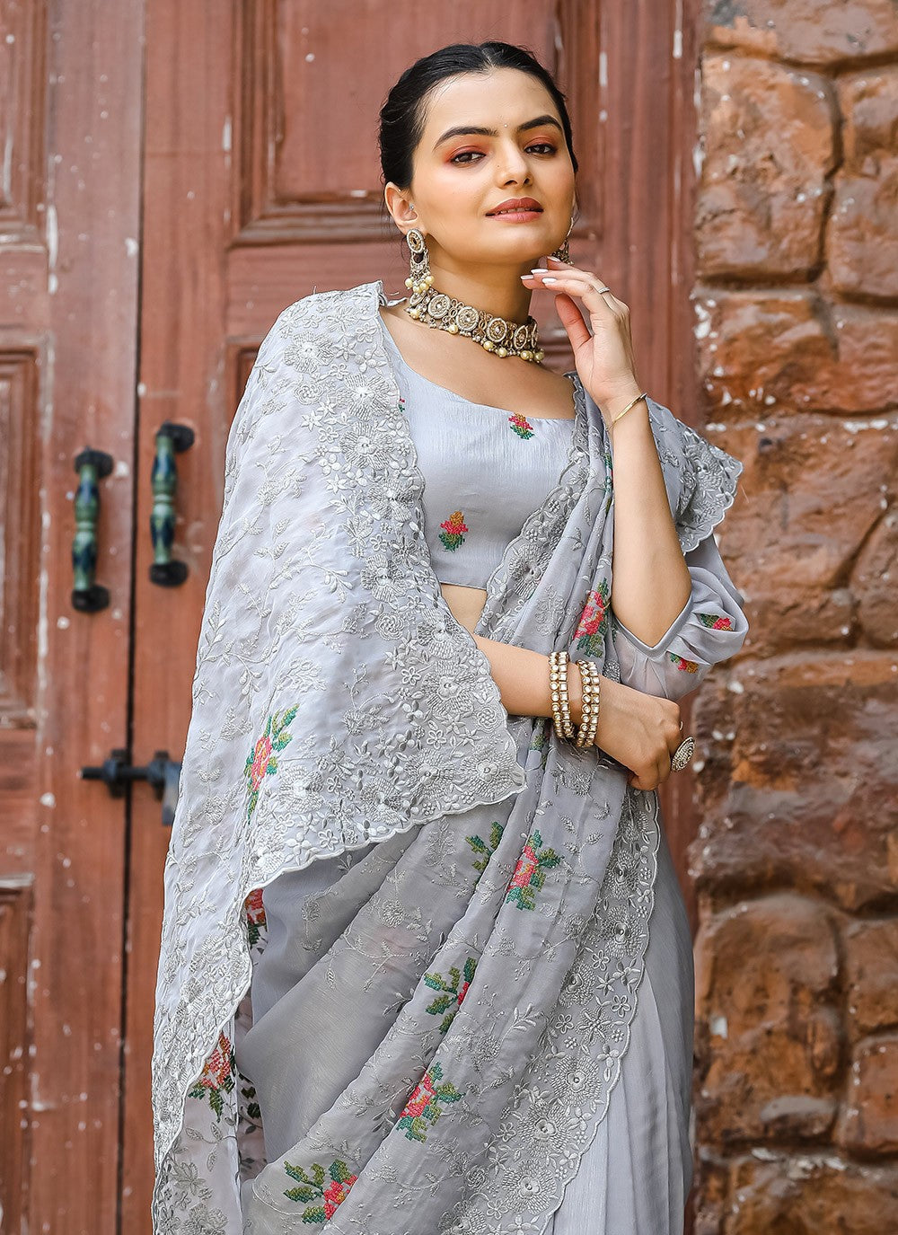 Traditional Cut Work Chiffon Saree - S6373