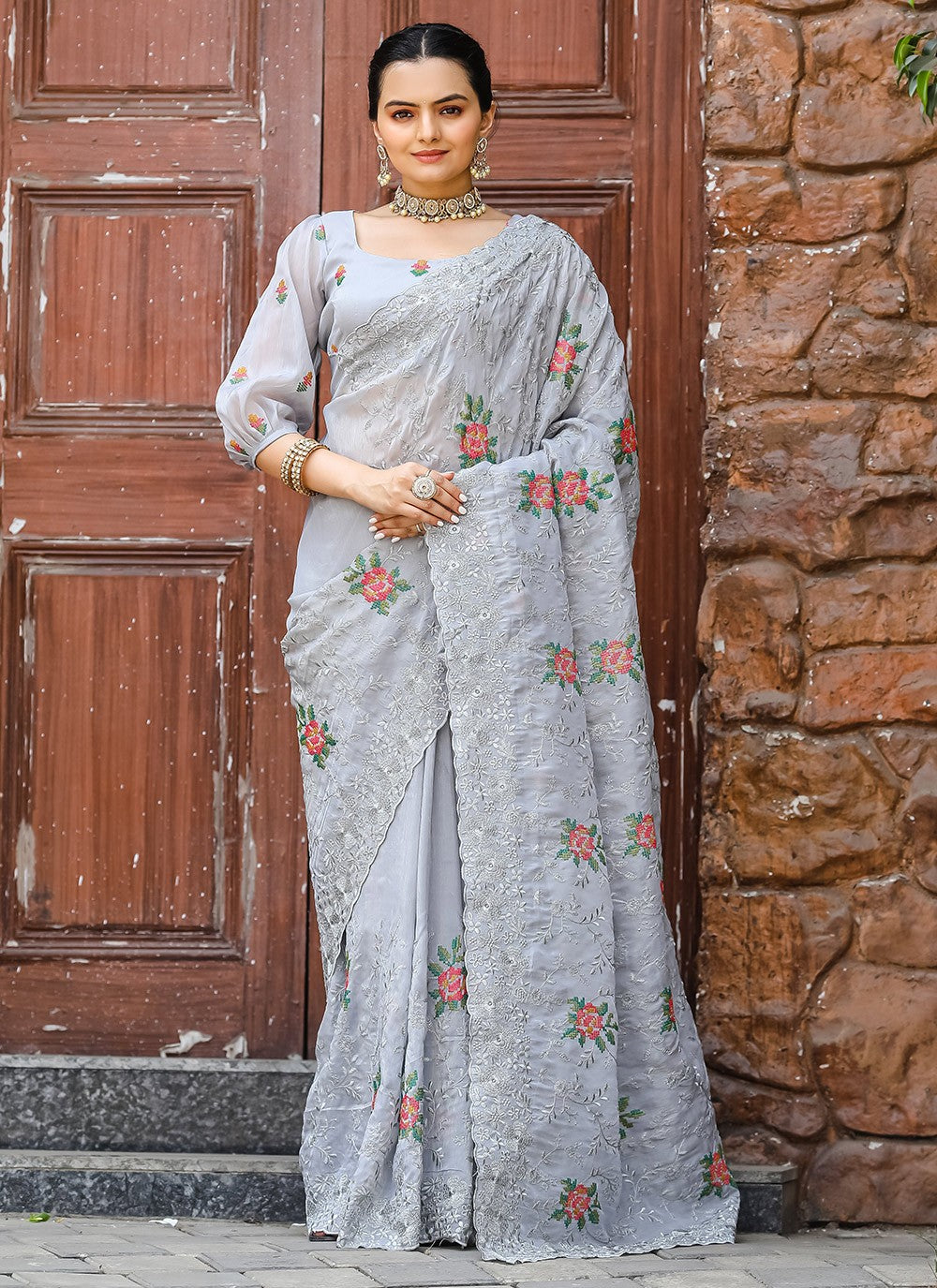 Traditional Cut Work Chiffon Saree - S6373