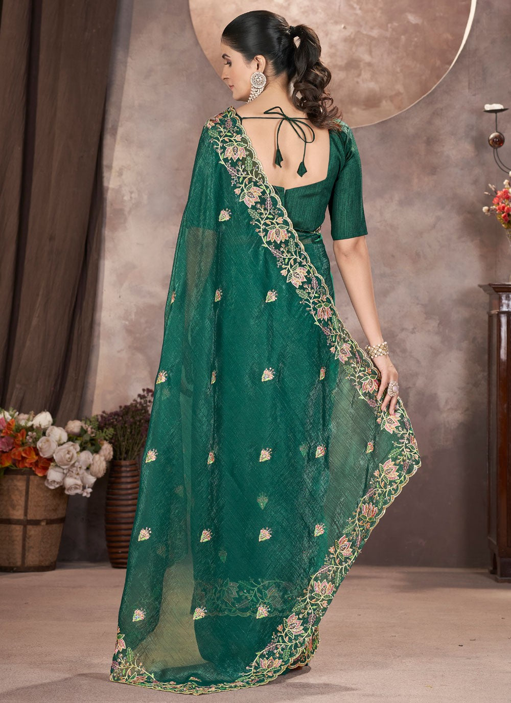 Teal Pure Crepe Traditional Saree Cut Work, Embroidered, Zari S16182