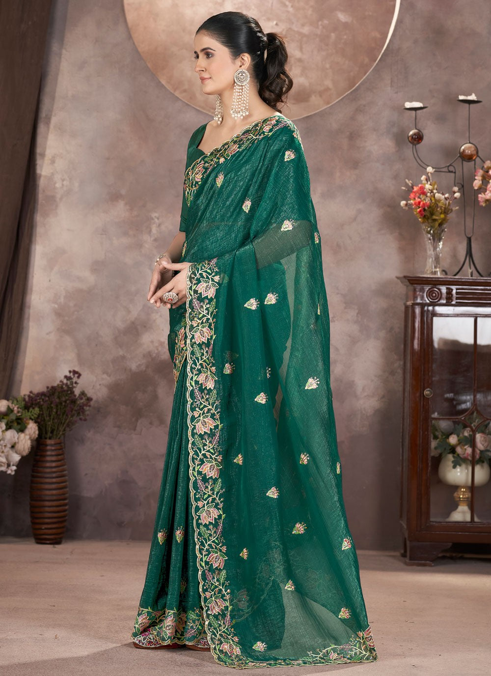 Teal Pure Crepe Traditional Saree Cut Work, Embroidered, Zari S16182