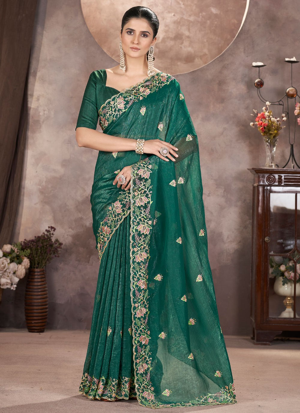 Teal Pure Crepe Traditional Saree Cut Work, Embroidered, Zari S16182