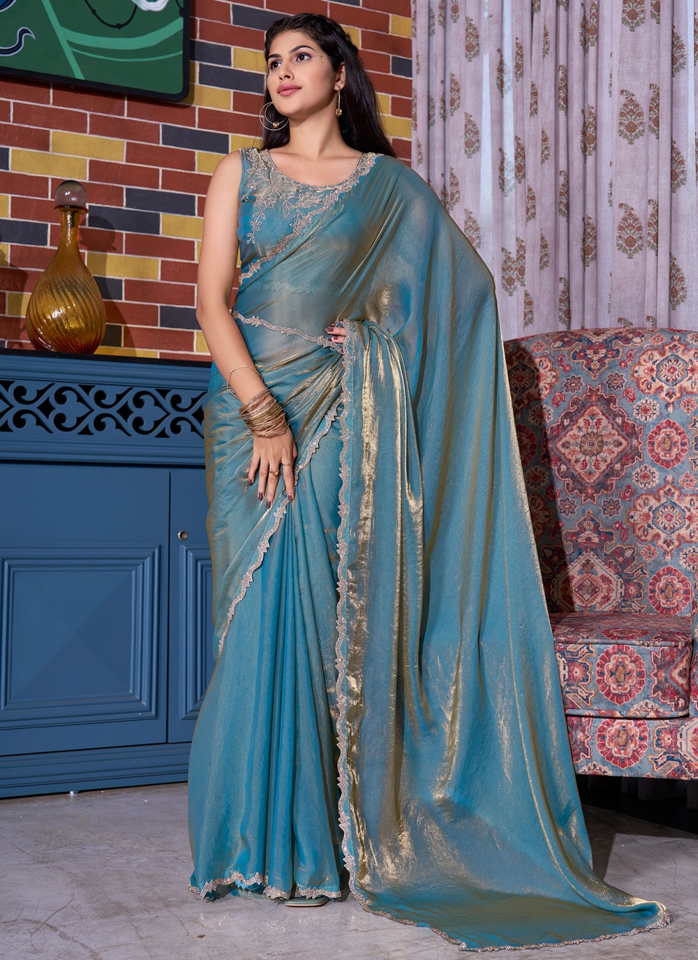 Cut Work, Swarovski Satin Silk Saree - S11611