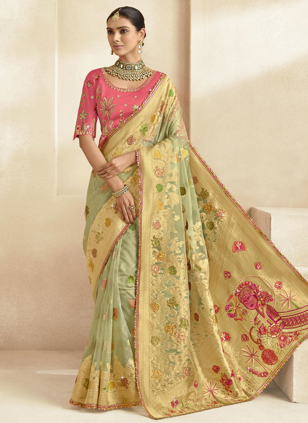 Cut Work Silk Green Contemporary Saree S15465