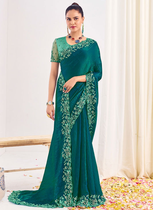 Trendy Saree Border Work Green, Teal Silk Saree S12571