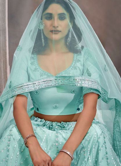Embroidered Net Aqua Blue Lehenga - L3243