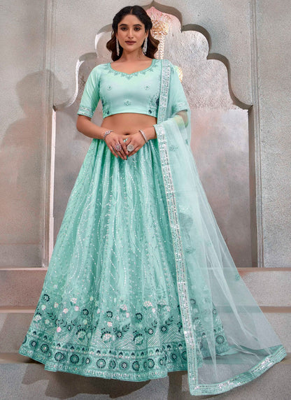 Embroidered Net Aqua Blue Lehenga - L3243