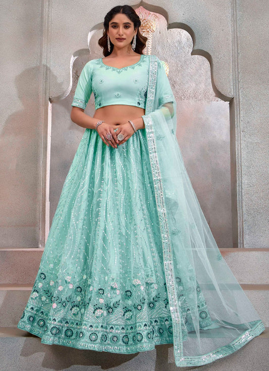 Embroidered Net Aqua Blue Lehenga - L3243