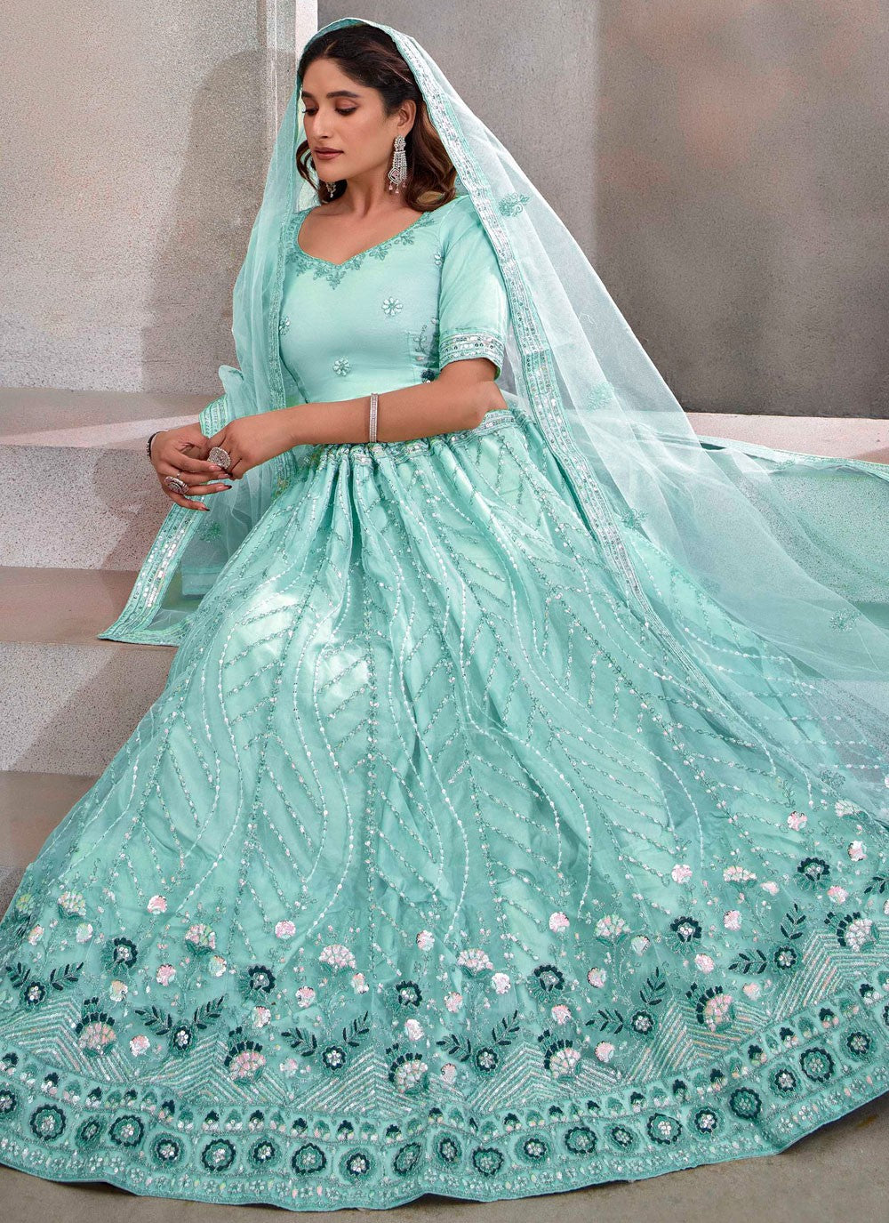 Embroidered Net Aqua Blue Lehenga - L3243