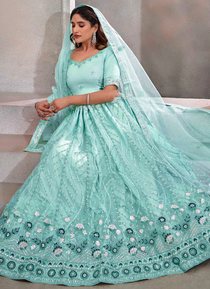 Embroidered Net Aqua Blue Lehenga - L3243